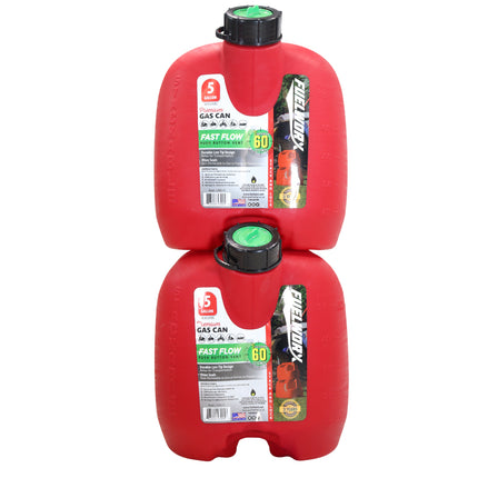 Fuelworx Red 5 Gallon Stackable Fast Pour Gas Fuel Can CARB Compliant Made in The USA (5 Gallon Gas Can 2-Pack)