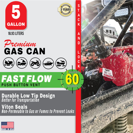 Fuelworx Red 5 Gallon Stackable Fast Pour Gas Fuel Can CARB Compliant Made in The USA (5 Gallon Gas Can 2-Pack)
