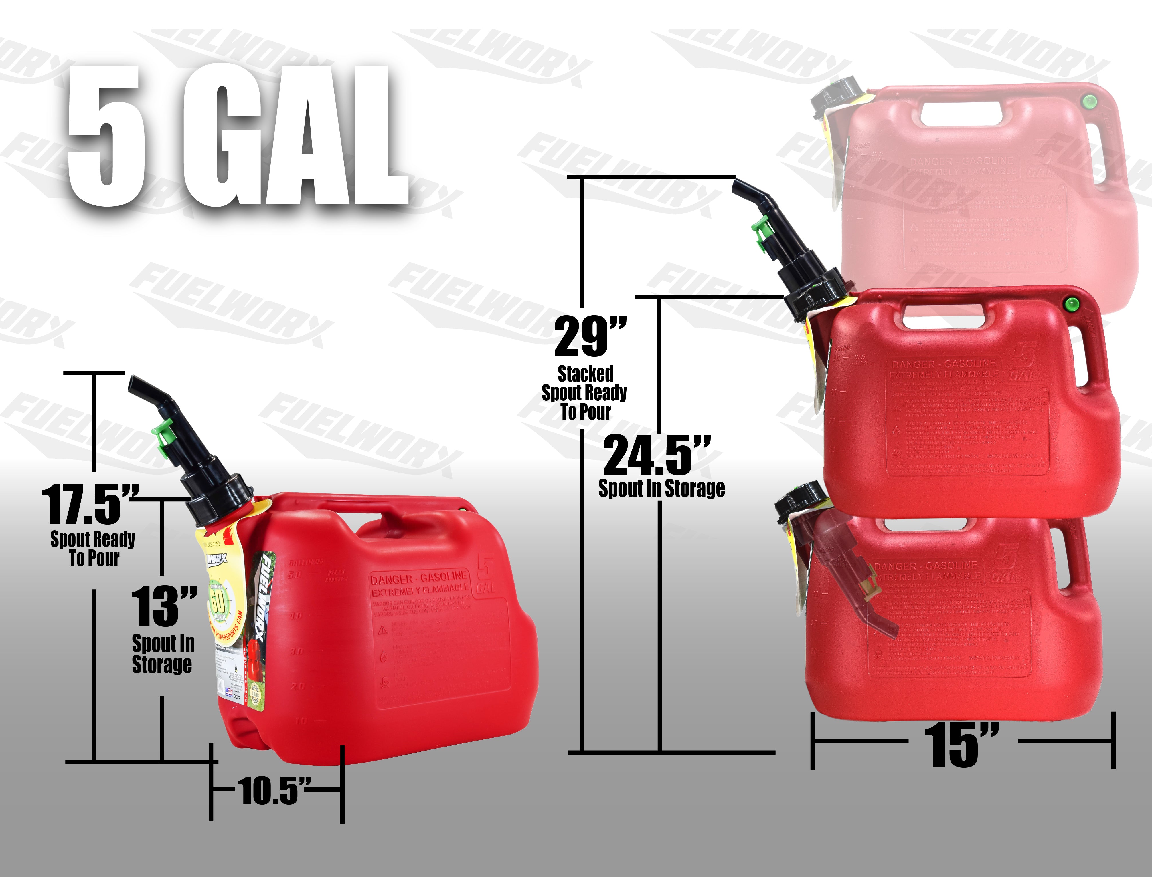 Fuelworx Red 5 Gallon Stackable Fast Pour Gas Fuel Can CARB Compliant Made in The USA (5 Gallon Gas Can 2-Pack)