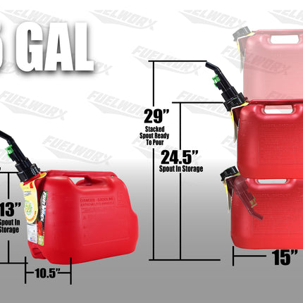 Fuelworx Red 5 Gallon Stackable Fast Pour Gas Fuel Can CARB Compliant Made in The USA (5 Gallon Gas Can 2-Pack)