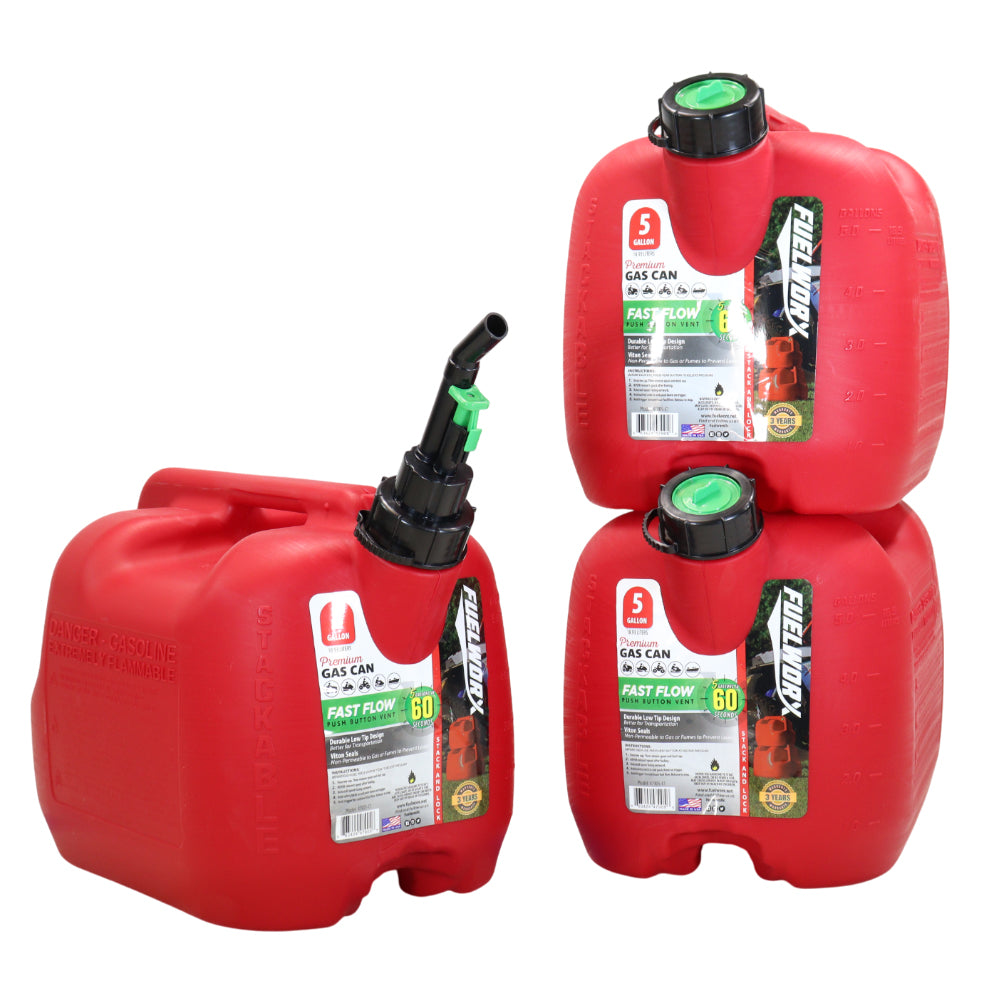 Fuelworx Red 5 Gallon Stackable Fast Pour Gas Fuel Can CARB Compliant Made in The USA (5 Gallon Gas Can 3-Pack)