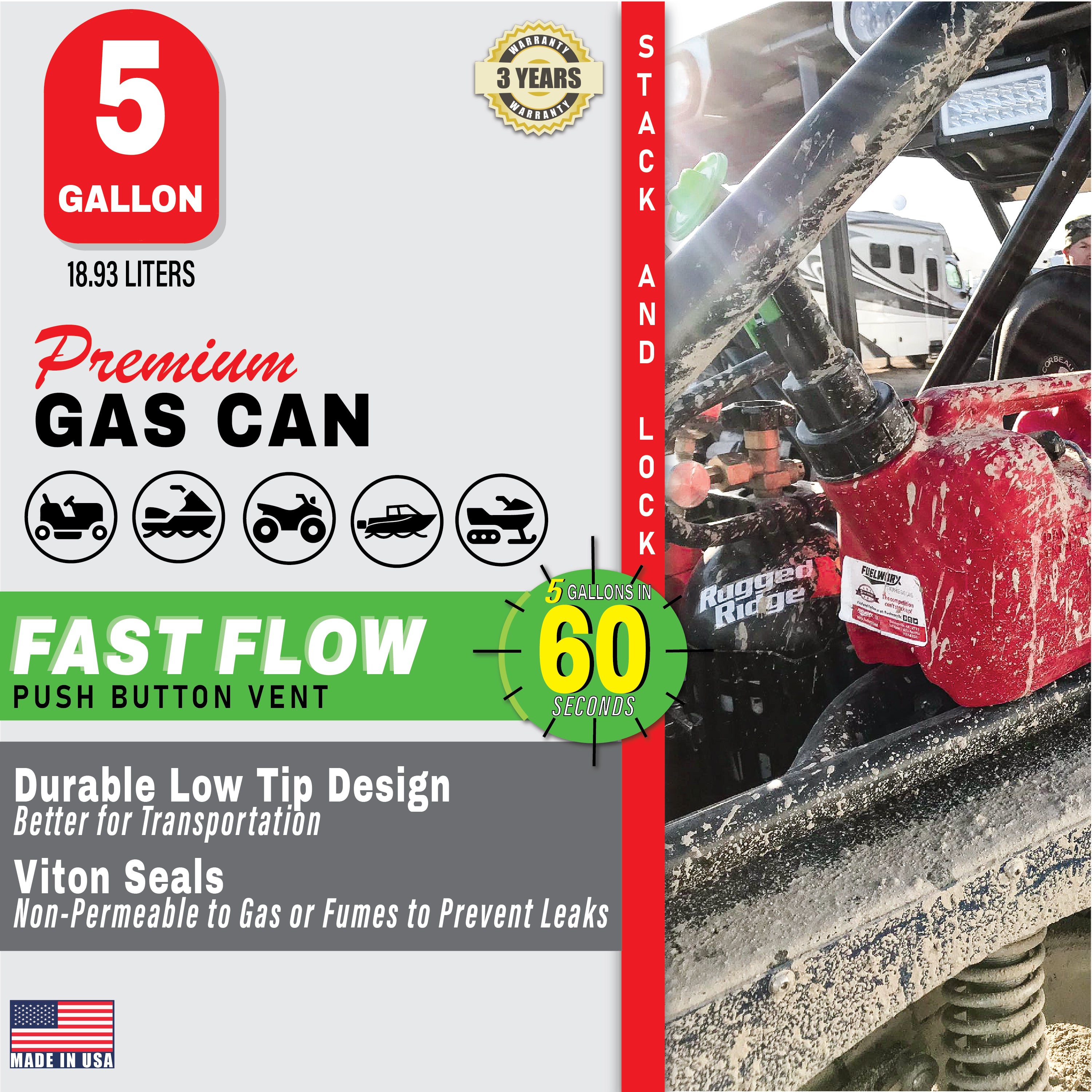 Fuelworx Red 5 Gallon Stackable Fast Pour Gas Fuel Can CARB Compliant Made in The USA (5 Gallon Gas Can 3-Pack)