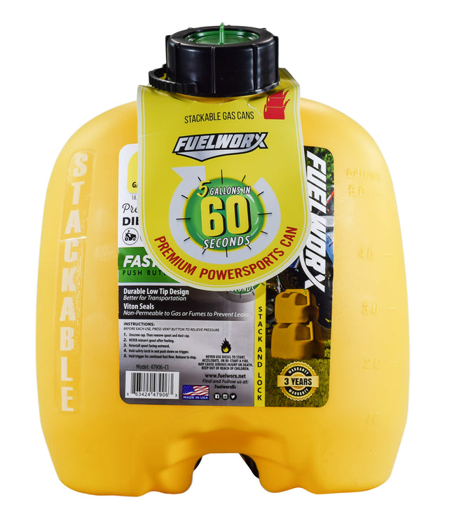 Fuelworx Yellow 5 Gallon Stackable Fast Pour Diesel Fuel Cans CARB Compliant Made in The USA (5 Gallon Diesel Cans Single)