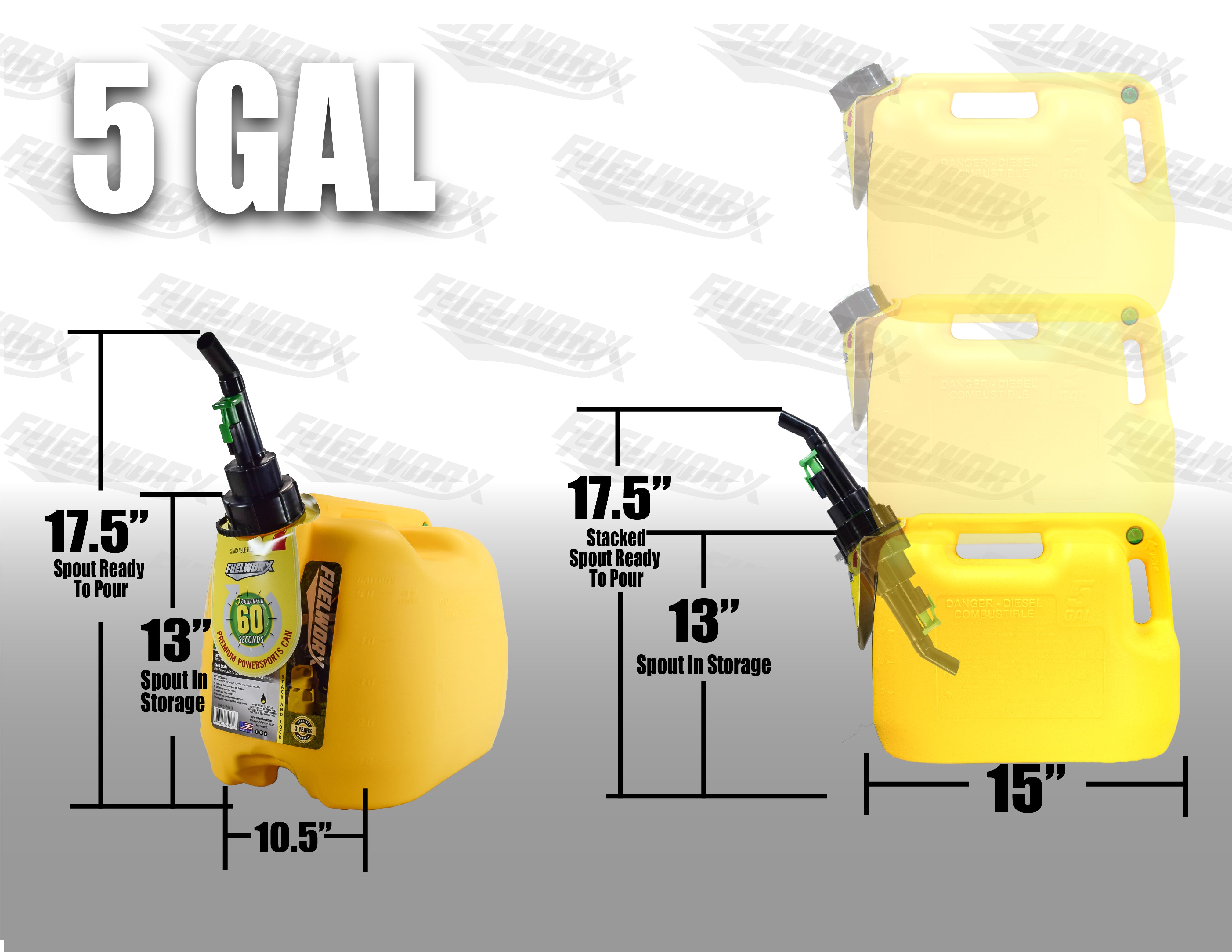 Fuelworx Yellow 5 Gallon Stackable Fast Pour Diesel Fuel Cans CARB Compliant Made in The USA (5 Gallon Diesel Cans Single)