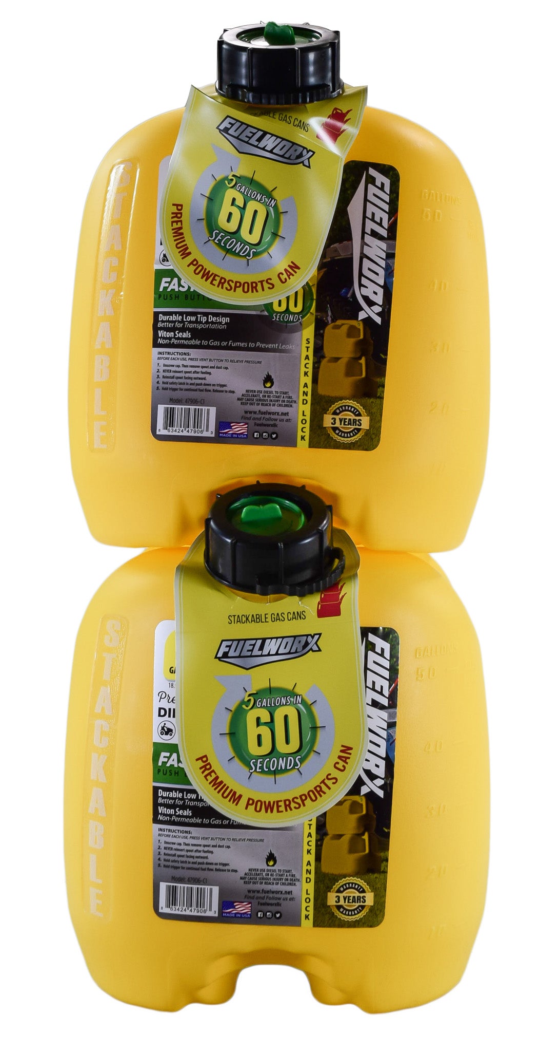 Fuelworx Yellow 5 Gallon Stackable Fast Pour Diesel Fuel Cans CARB Compliant Made in The USA (5 Gallon Diesel Cans 2-Pack)