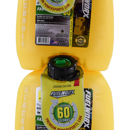 Fuelworx Yellow 5 Gallon Stackable Fast Pour Diesel Fuel Cans CARB Compliant Made in The USA (5 Gallon Diesel Cans 2-Pack)