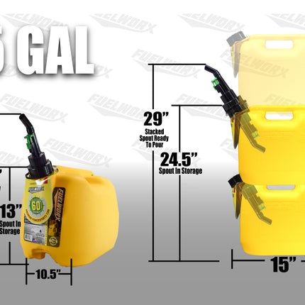 Fuelworx Yellow 5 Gallon Stackable Fast Pour Diesel Fuel Cans CARB Compliant Made in The USA (5 Gallon Diesel Cans 2-Pack)