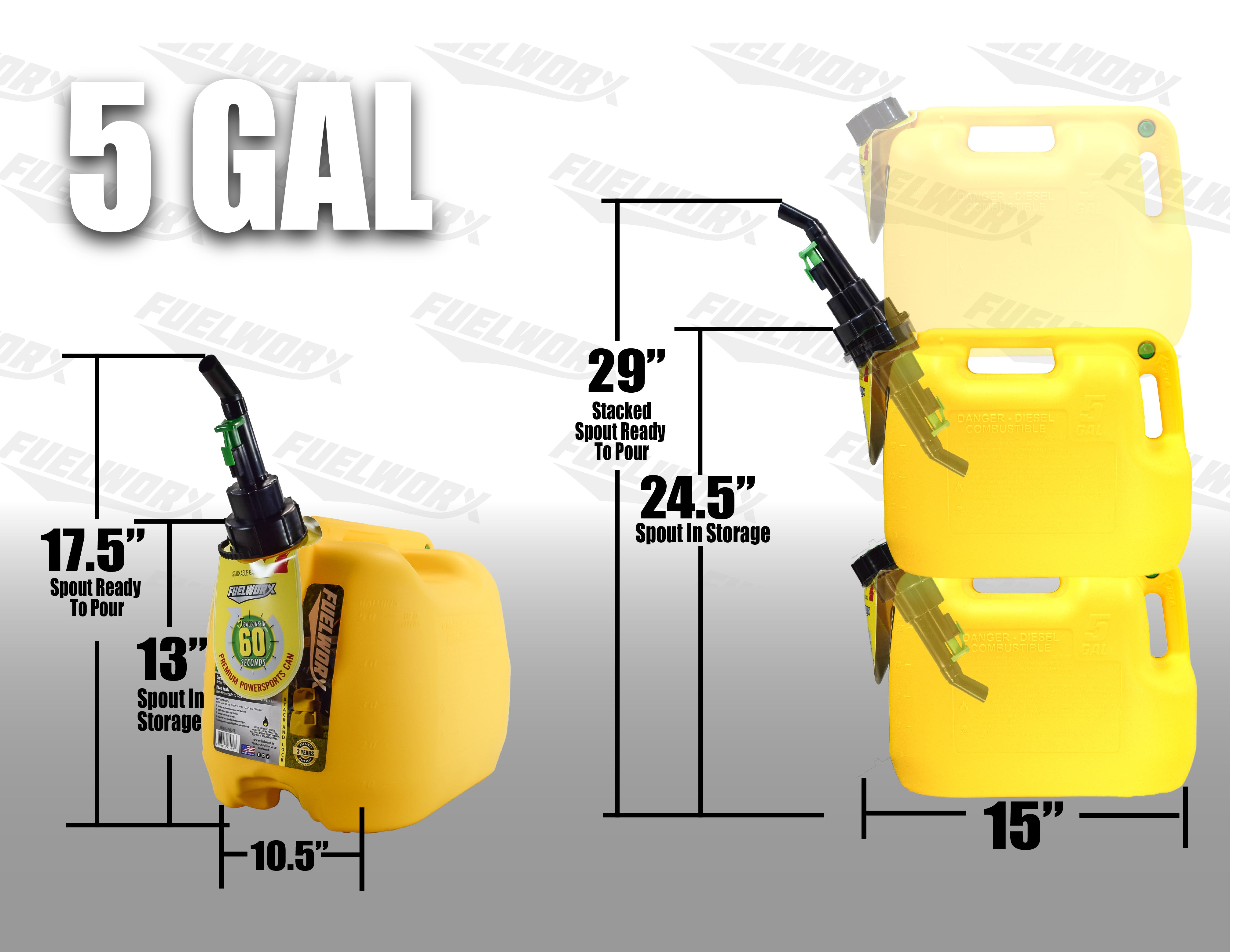 Fuelworx Yellow 5 Gallon Stackable Fast Pour Diesel Fuel Cans CARB Compliant Made in The USA (5 Gallon Diesel Cans 2-Pack)
