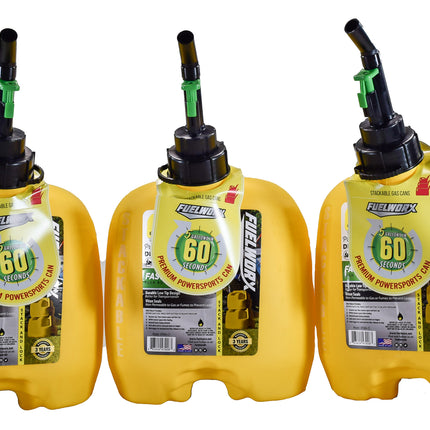 Fuelworx Yellow 5 Gallon Stackable Fast Pour Diesel Fuel Cans CARB Compliant Made in The USA (5 Gallon Diesel Cans 3-Pack)