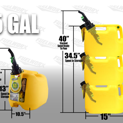 Fuelworx Yellow 5 Gallon Stackable Fast Pour Diesel Fuel Cans CARB Compliant Made in The USA (5 Gallon Diesel Cans 3-Pack)