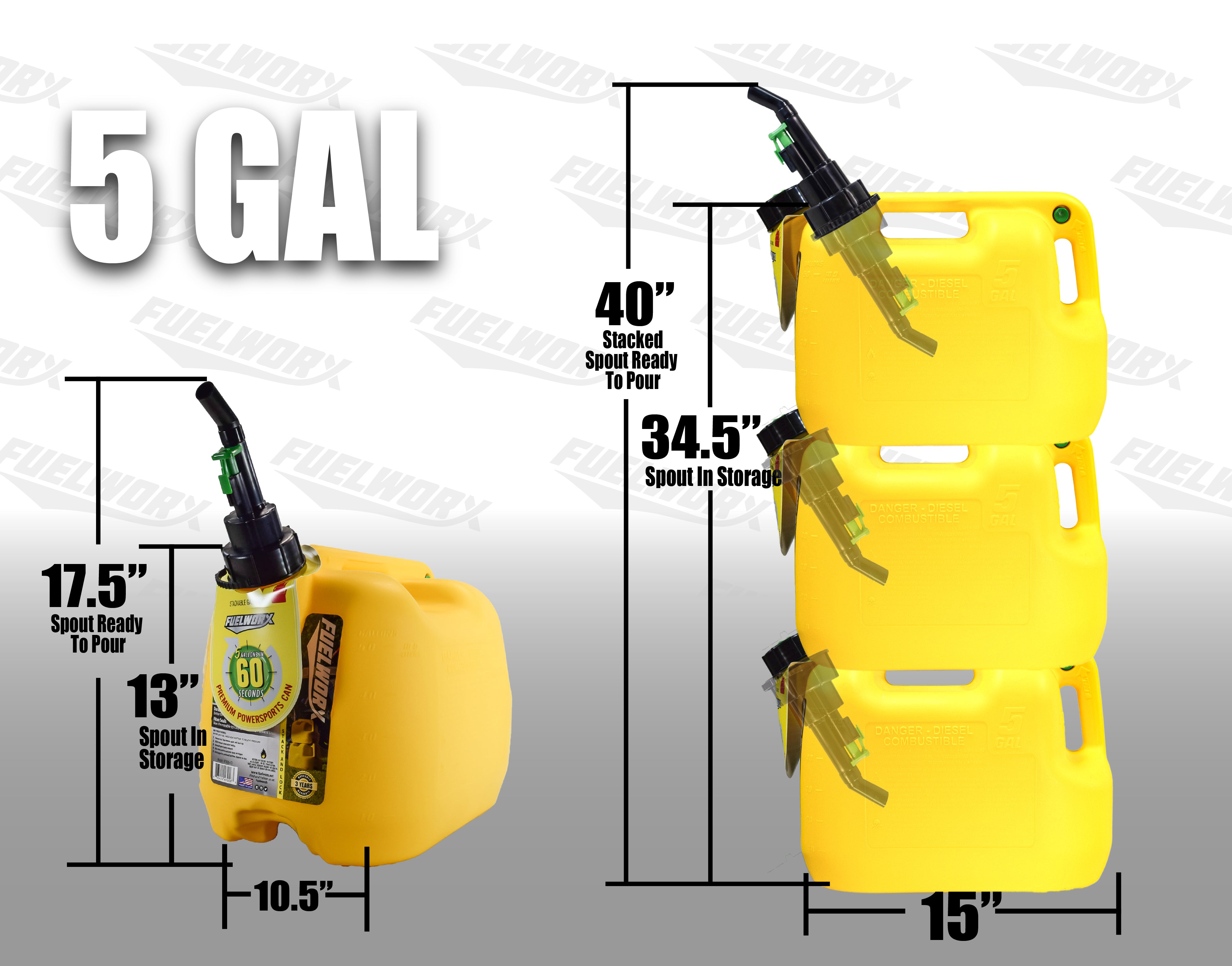 Fuelworx Yellow 5 Gallon Stackable Fast Pour Diesel Fuel Cans CARB Compliant Made in The USA (5 Gallon Diesel Cans 3-Pack)