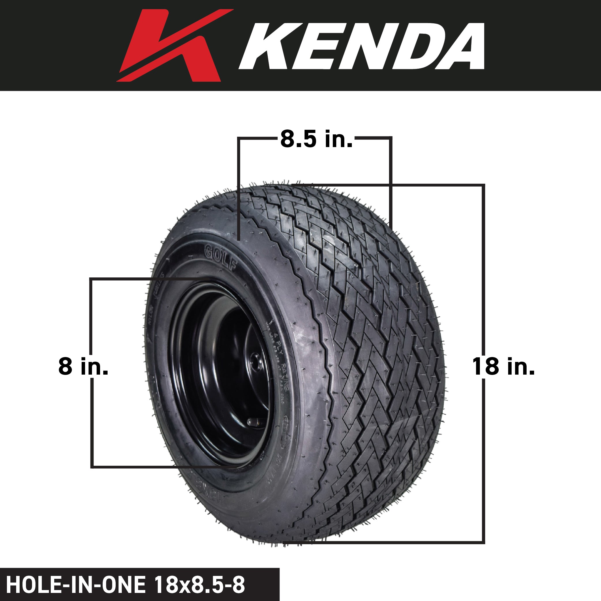 Kenda 18x8.5-8 Golf Cart Tire & Semi-Gloss Black Wheel Assembled Kit w/ Keychain
