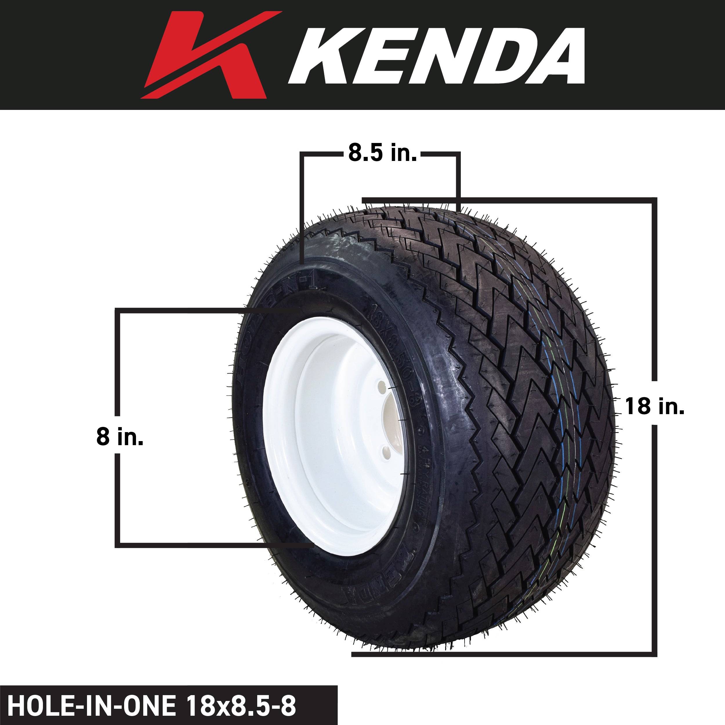 Kenda 18x8.5-8 Golf Cart Tire & White Wheel Assembled Kit w/ Keychain