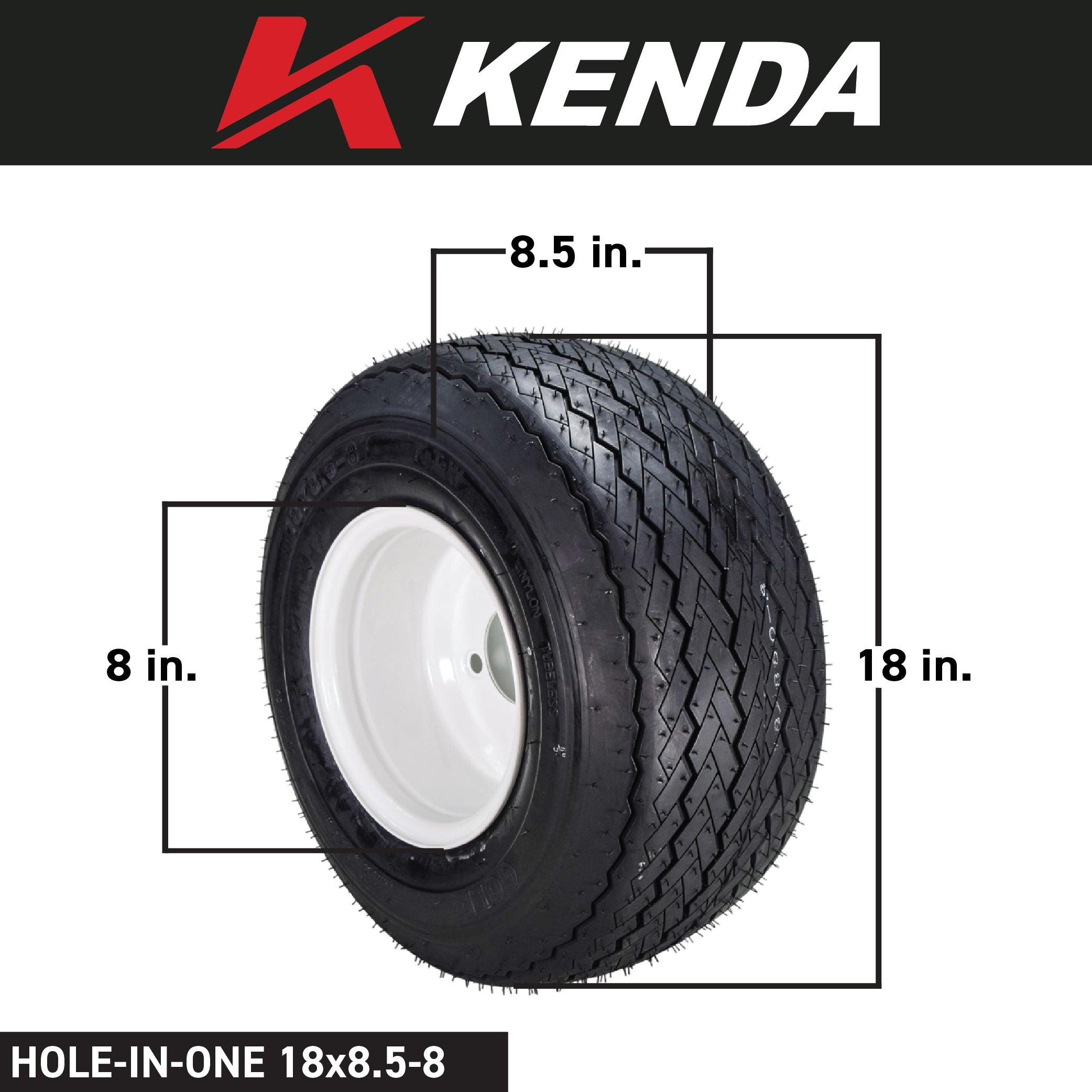 Kenda 18x8.5-8 Golf Cart Tire & White Wheel Assembled Kit w/ Keychain