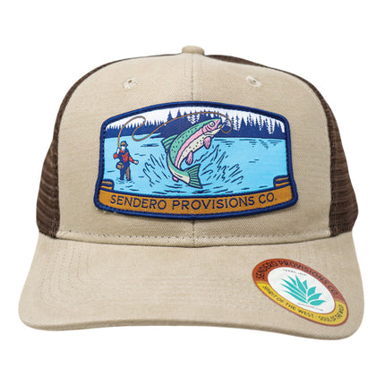 Sendero Provisions Co. Fly Fisher Adjustable Snapback Hat with Sublimated Patch & Mesh Back for Breathability (Khaki/Brown) - One Size