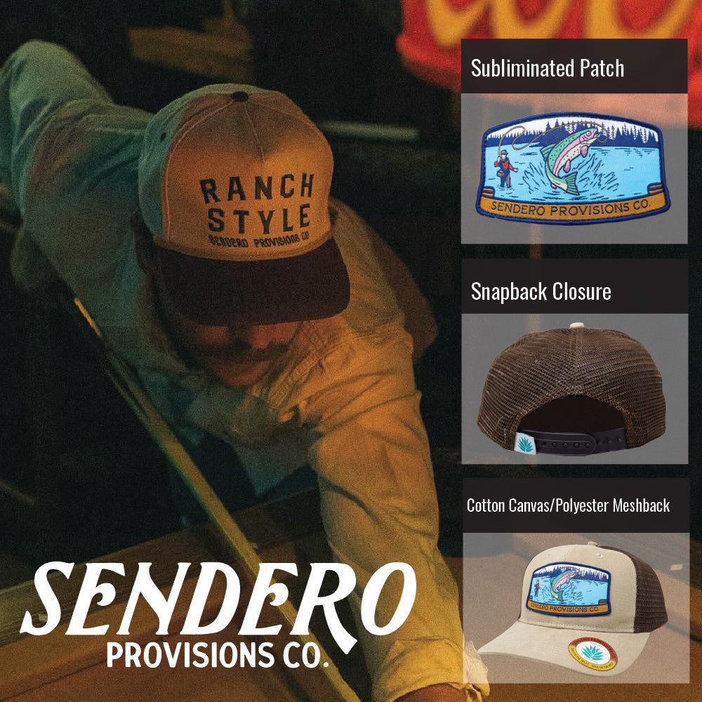 Sendero Provisions Co. Fly Fisher Adjustable Snapback Hat with Sublimated Patch & Mesh Back for Breathability (Khaki/Brown) - One Size