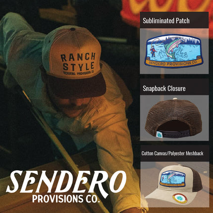 Sendero Provisions Co. Fly Fisher Adjustable Snapback Hat with Sublimated Patch & Mesh Back for Breathability (Khaki/Brown) - One Size