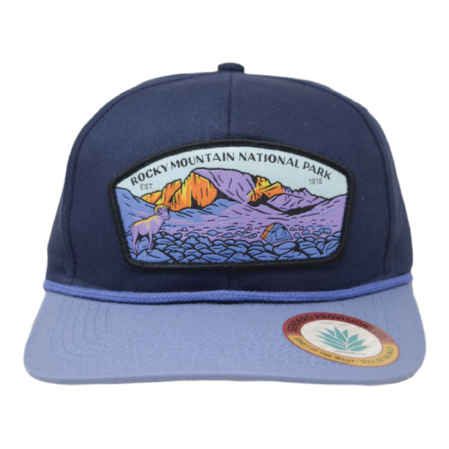 Sendero Provisions Co. Rocky Mountain National Park Adjustable Snapback Rope Hat with Woven Patch & Topographic Map Undervisor (Blue) - One Size