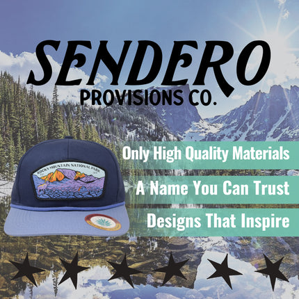 Sendero Provisions Co. Rocky Mountain National Park Adjustable Snapback Rope Hat with Woven Patch & Topographic Map Undervisor (Blue) - One Size