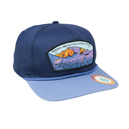 Sendero Provisions Co. Rocky Mountain National Park Adjustable Snapback Rope Hat with Woven Patch & Topographic Map Undervisor (Blue) - One Size