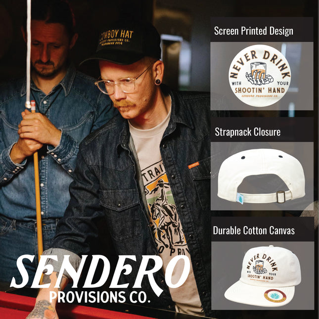 Sendero Provisions Co. Shootin' Hand Adjustable Strapback Hat with Screen Printed Design (White) - One Size