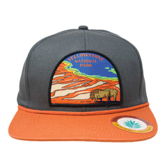 Sendero Provisions Co. Yellowstone National Park Adjustable Snapback Rope Hat with Woven Patch & Topographic Map Undervisor (Charcoal/Pumpkin) - One Size