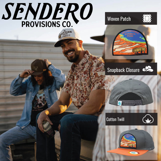 Sendero Provisions Co. Yellowstone National Park Adjustable Snapback Rope Hat with Woven Patch & Topographic Map Undervisor (Charcoal/Pumpkin) - One Size