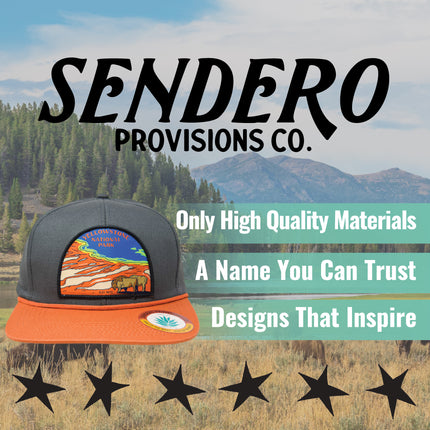 Sendero Provisions Co. Yellowstone National Park Adjustable Snapback Rope Hat with Woven Patch & Topographic Map Undervisor (Charcoal/Pumpkin) - One Size