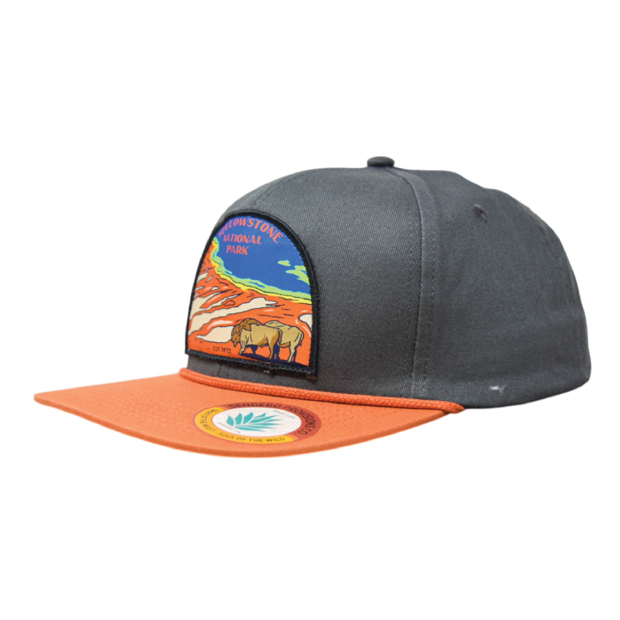 Sendero Provisions Co. Yellowstone National Park Adjustable Snapback Rope Hat with Woven Patch & Topographic Map Undervisor (Charcoal/Pumpkin) - One Size