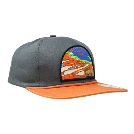 Sendero Provisions Co. Yellowstone National Park Adjustable Snapback Rope Hat with Woven Patch & Topographic Map Undervisor (Charcoal/Pumpkin) - One Size