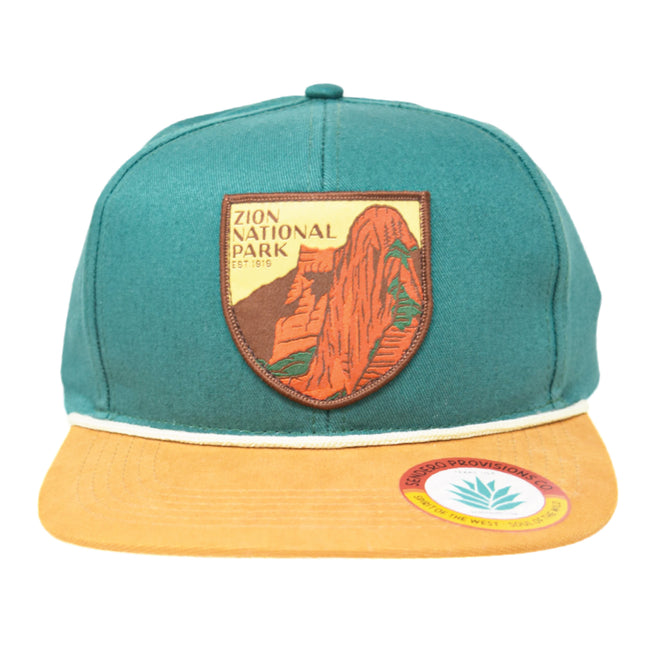 Sendero Provisions Co. Zion National Park Adjustable Snapback Rope Hat with Woven Patch & Topographic Map Undervisor (Dark Green/Golden Brown) - One Size