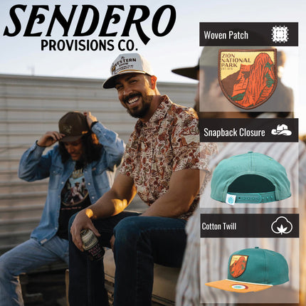 Sendero Provisions Co. Zion National Park Adjustable Snapback Rope Hat with Woven Patch & Topographic Map Undervisor (Dark Green/Golden Brown) - One Size
