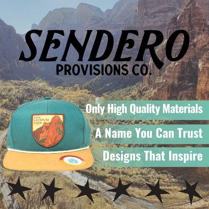 Sendero Provisions Co. Zion National Park Adjustable Snapback Rope Hat with Woven Patch & Topographic Map Undervisor (Dark Green/Golden Brown) - One Size