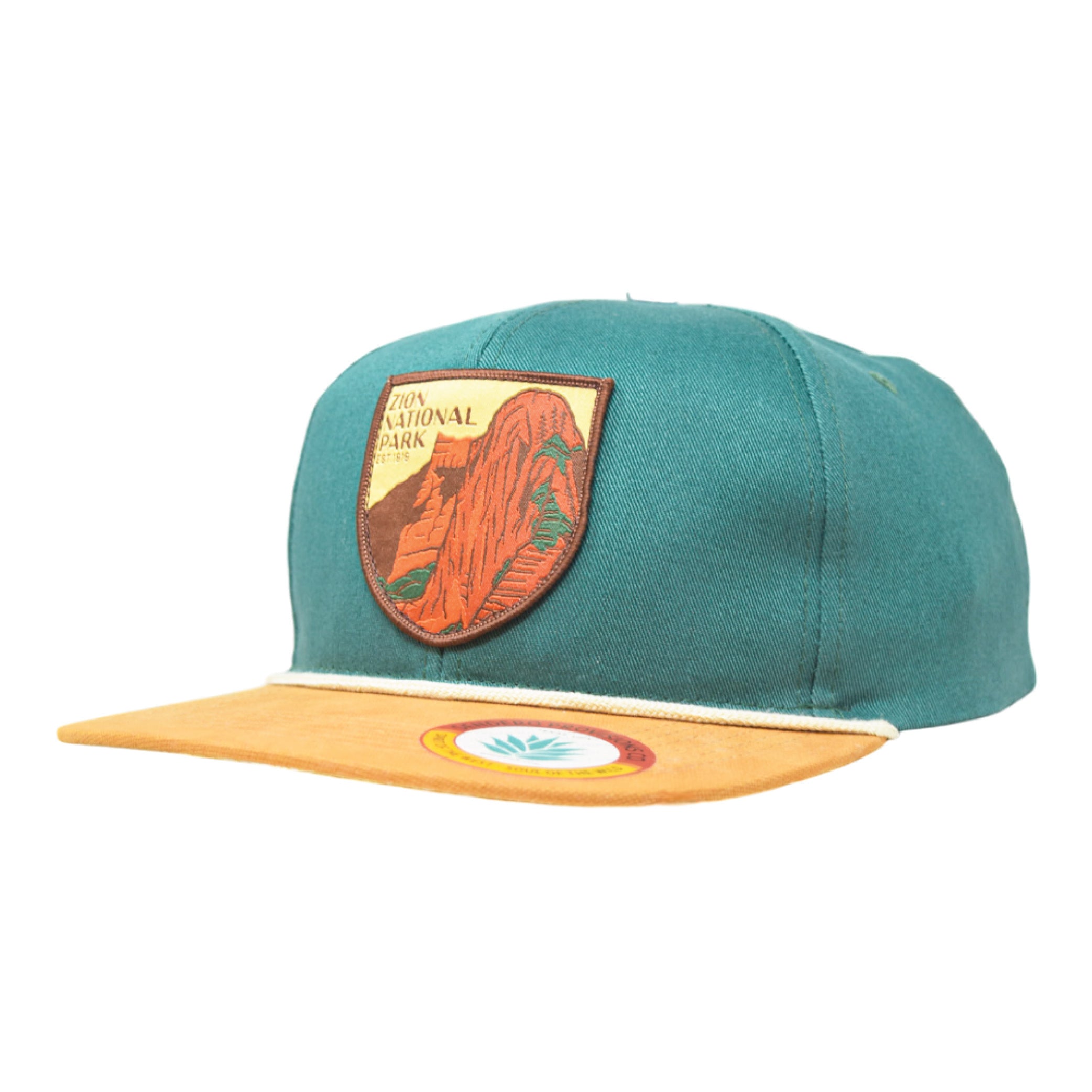 Sendero Provisions Co. Zion National Park Adjustable Snapback Rope Hat with Woven Patch & Topographic Map Undervisor (Dark Green/Golden Brown) - One Size
