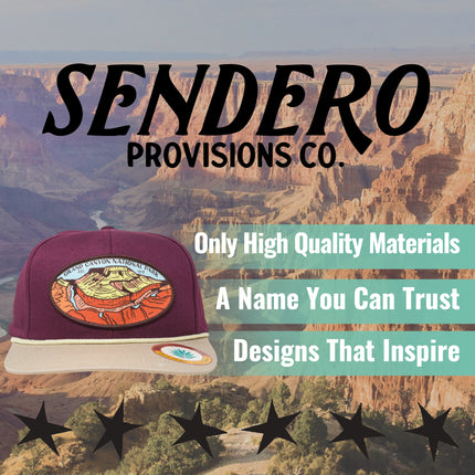 Sendero Provisions Co. Grand Canyon National Park Adjustable Snapback Rope Hat with Woven Patch & Topographic Map Undervisor (Wine/Khaki) - One Size