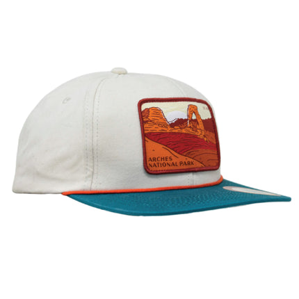 Sendero Provisions Co. Arches National Park Adjustable Snapback Rope Hat with Woven Patch & Topographic Map Undervisor (Bone/Peacock) - One Size