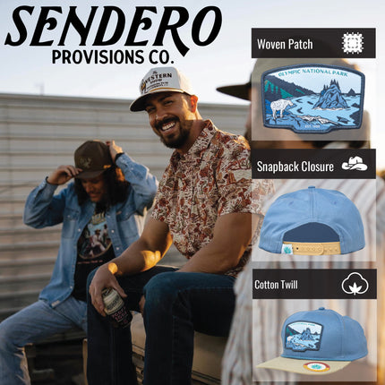 Sendero Provisions Co. Olympic National Park Adjustable Snapback Rope Hat with Woven Patch & Topographic Map Undervisor (Blue Stone/Stone) - One Size