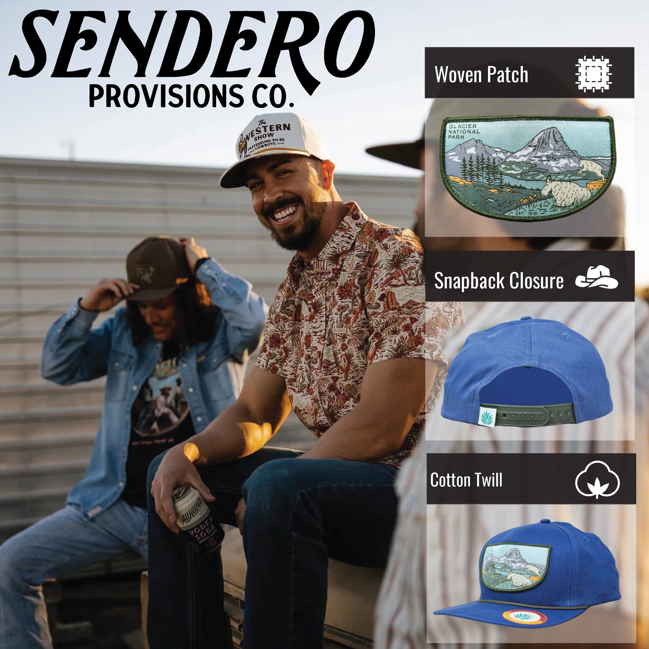 Sendero Provisions Co. Glacier National Park Adjustable Snapback Rope Hat with Woven Patch & Topographic Map Undervisor (Midnight Blue) - One Size