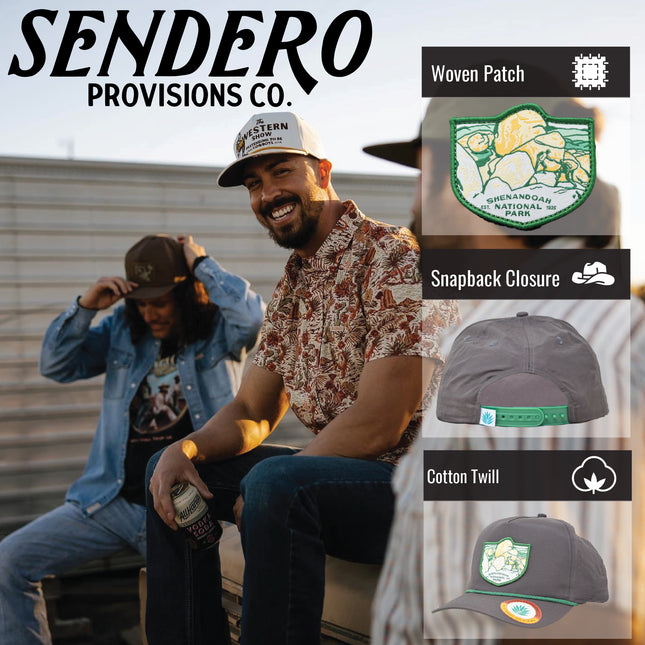 Sendero Provisions Co. Shenandoah National Park Adjustable Snapback Rope Hat with Woven Patch & Topographic Map Undervisor (Brown/Green) - One Size