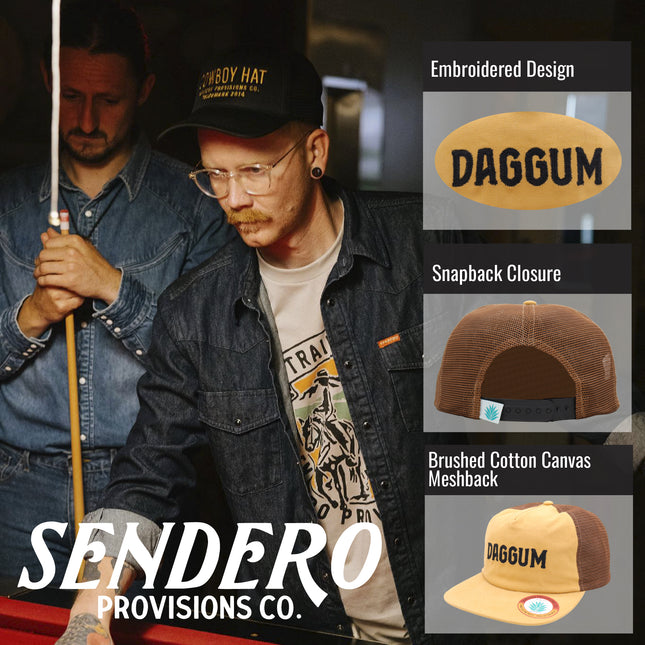 Sendero Provisions Co. Daggum Adjustable Snapback Hat with Chain Stitched Logo & Meshback (Yellow/Brown) - One Size