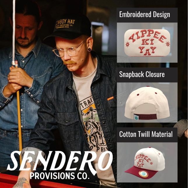 Sendero Provisions Co. Yippee Ki Yay Hat - Structured 5-Panel Snapback Rope Hat with Embroidered Design, Braided Rope Accent, Cotton Twill, Adjustable Fit, Western Style Outdoor Cap
