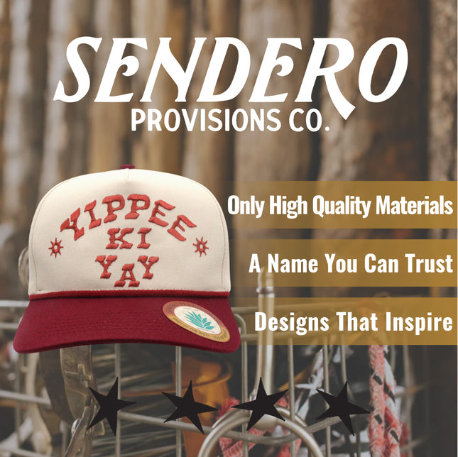 Sendero Provisions Co. Yippee Ki Yay Hat - Structured 5-Panel Snapback Rope Hat with Embroidered Design, Braided Rope Accent, Cotton Twill, Adjustable Fit, Western Style Outdoor Cap
