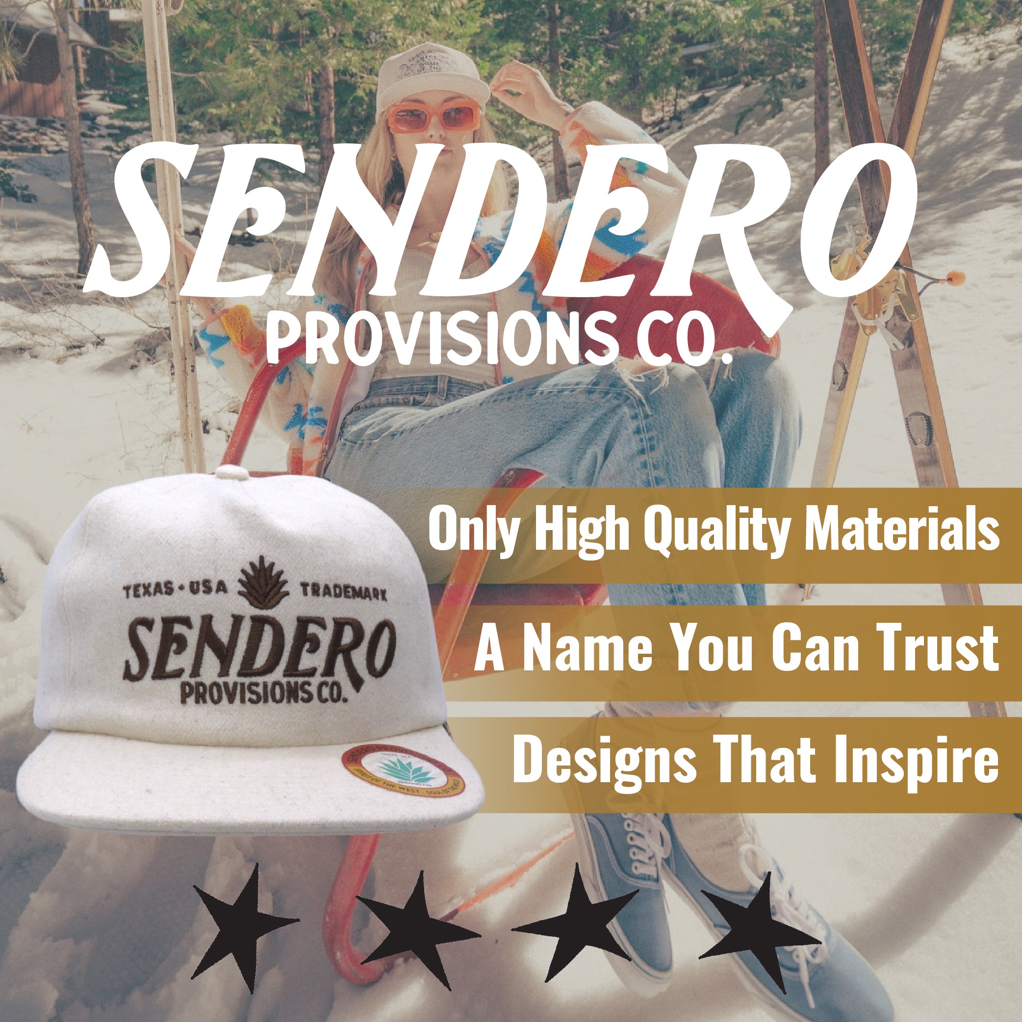 Sendero Provisions Co. LOGO HAT-felt Cream; Adjustable Snapback Hat with Embroidered front, One Size  - Structured 5-Panel Trucker Hat for Men & Women