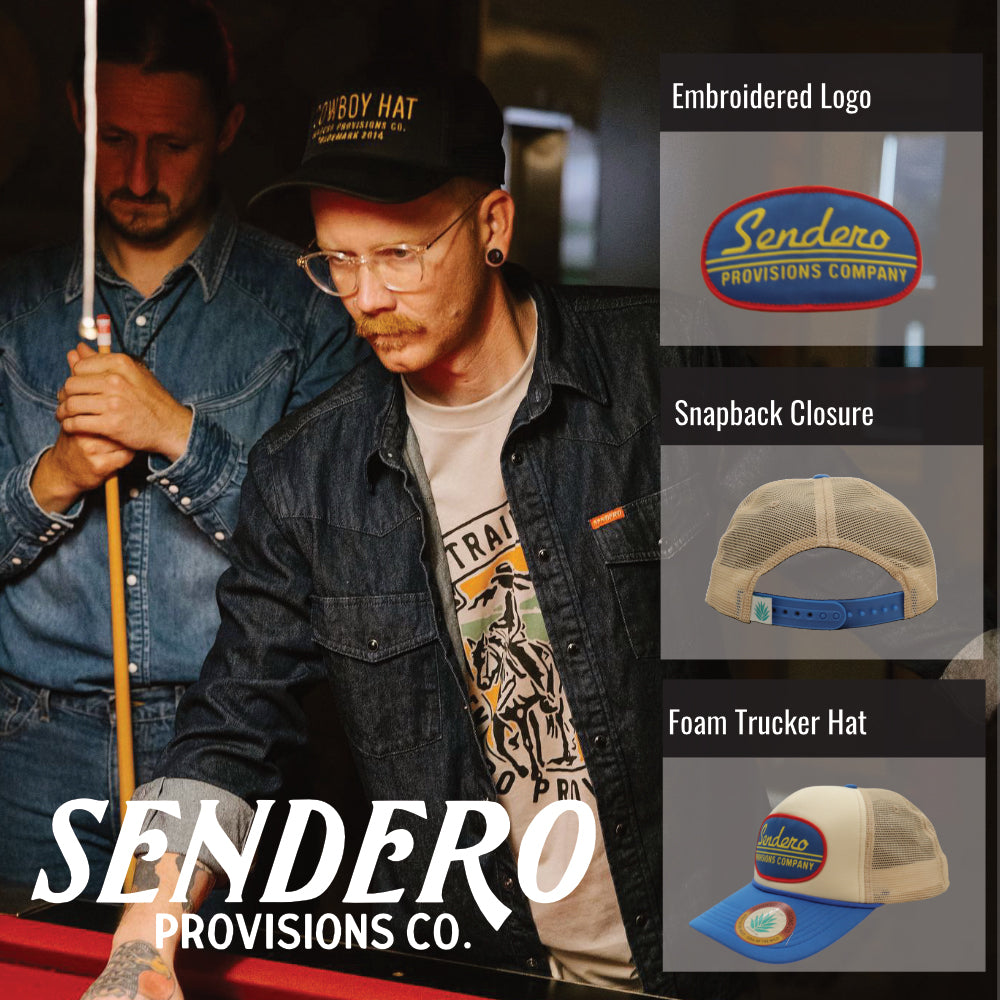 Sendero Provisions Co. Country Store Adjustable Snapback Hat with Woven Label Patch (White/Blue) - One Size