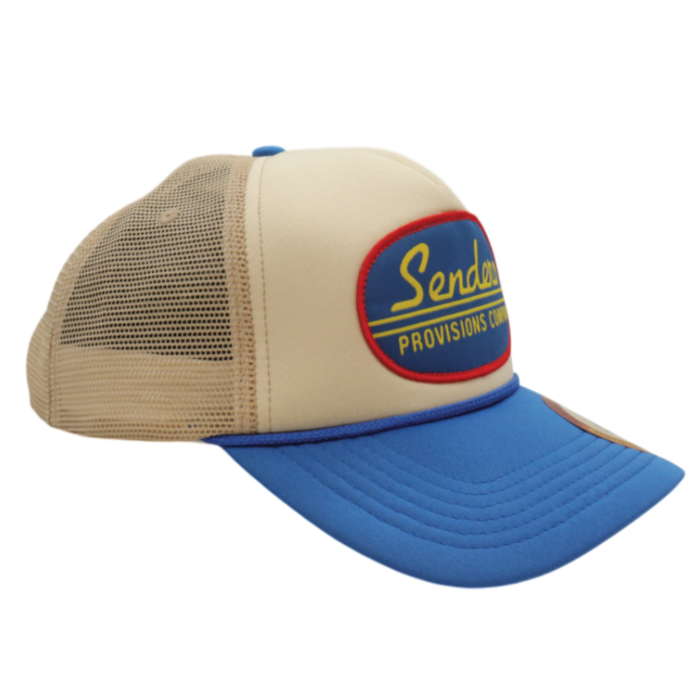 Sendero Provisions Co. Country Store Adjustable Snapback Hat with Woven Label Patch (White/Blue) - One Size