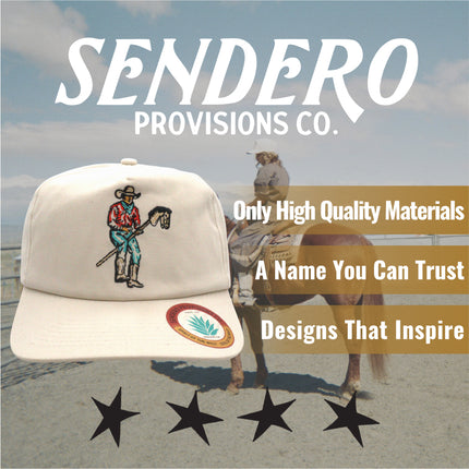 Sendero Provisions Co. Stick Horse Hat - Unstructured 5-Panel Snapback Cap with Embroidered Cowboy on Stick Horse Design, Canvas Fabric, Semi-Curved Visor, Adjustable Fit, Humorous Western Outdoor Hat
