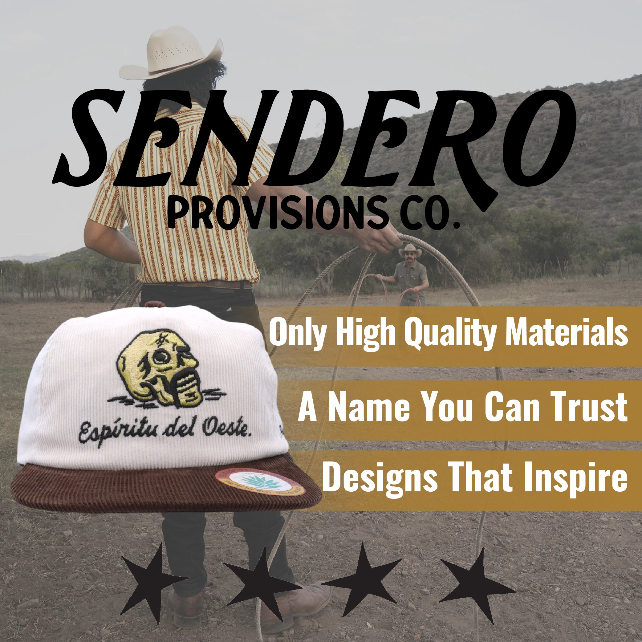 Sendero Provisions Co. Del Oeste Adjustable Snapback Hat - Cream/Brown, Embroidered Design, Structured 5-Panel Cotton Twill Cap for Outdoor Adventures