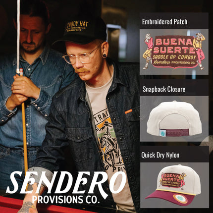 Sendero Provisions Co. Buena Suerte Adjustable Snapback Hat with Embroidered Patch (Cream/Maroon) - One Size
