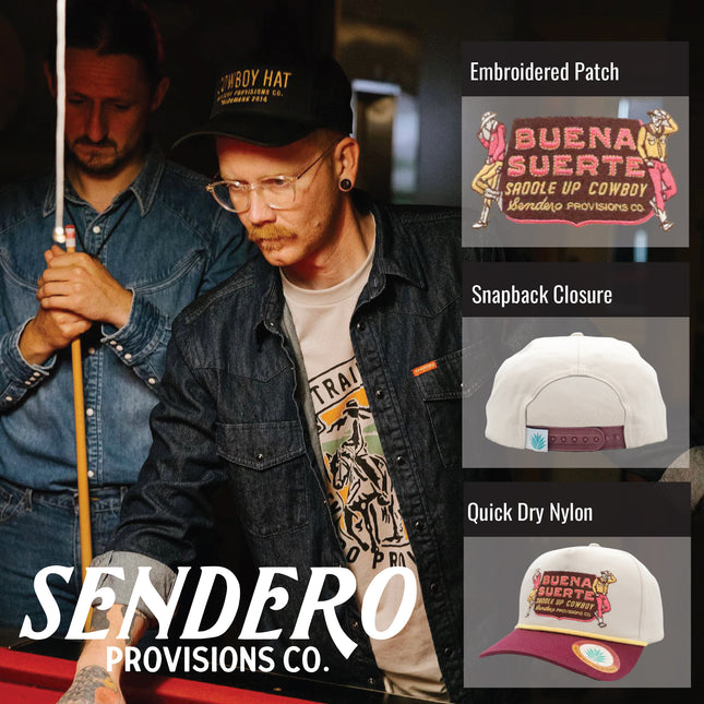 Sendero Provisions Co. Buena Suerte Adjustable Snapback Hat with Embroidered Patch (Cream/Maroon) - One Size