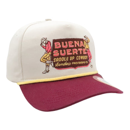 Sendero Provisions Co. Buena Suerte Adjustable Snapback Hat with Embroidered Patch (Cream/Maroon) - One Size